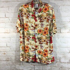 Disney Parks Unisex Size Sm Mickey Pluto Hawaiian Button Down Camp Shirt Orange